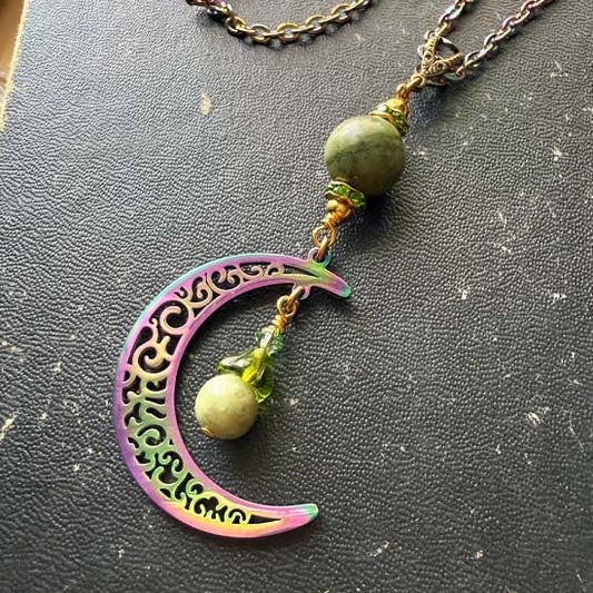 MYSTICAL MOON Necklace - Peridot w/rainbow