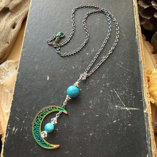 MYSTICAL MOON Necklace - Turquoise w/rainbow