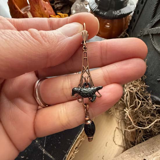 MURDER OF CROWS Earrings - antique copper w/onyx