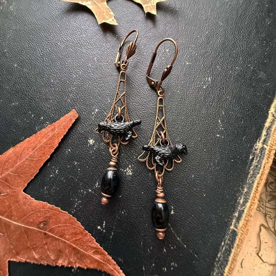 MURDER OF CROWS Earrings - antique copper w/onyx