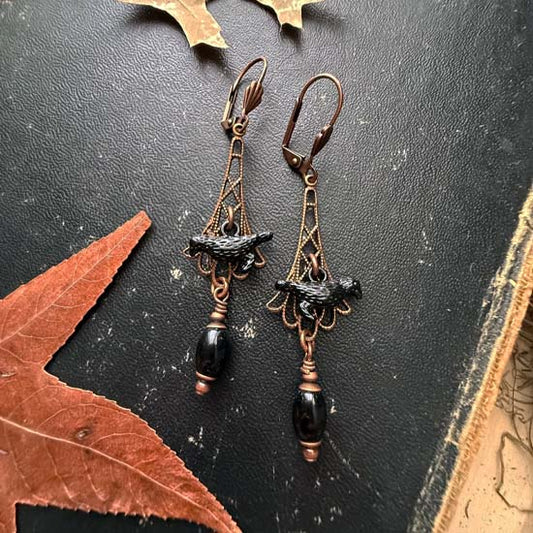 MURDER OF CROWS Earrings - antique copper w/onyx