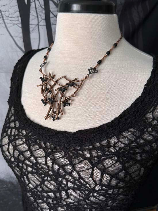 MURDER OF CROWS Statement Necklace - antique copper w/onyx