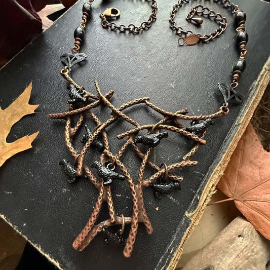 MURDER OF CROWS Statement Necklace - antique copper w/onyx