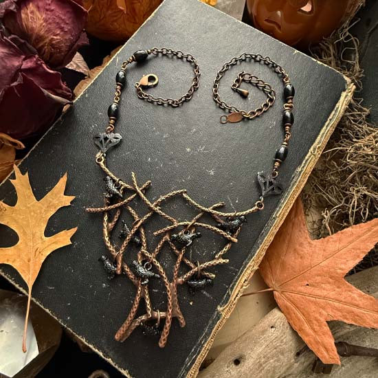 MURDER OF CROWS Statement Necklace - antique copper w/onyx