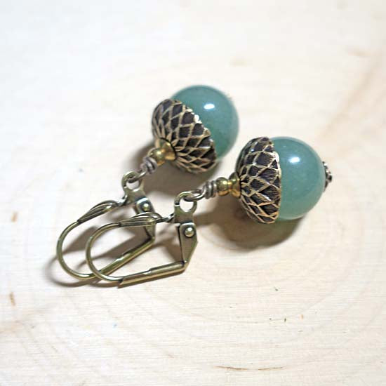 Oak + Acorn Earrings - aged brass w/Green Aventurine