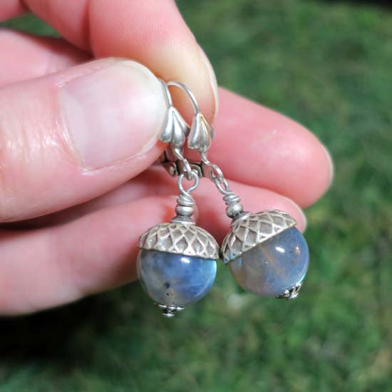 Oak + Acorn Earrings - aged silver w/Labradorite