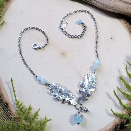 3 Birthstone Oak + Acorn *March/Aquamarine* - necklace