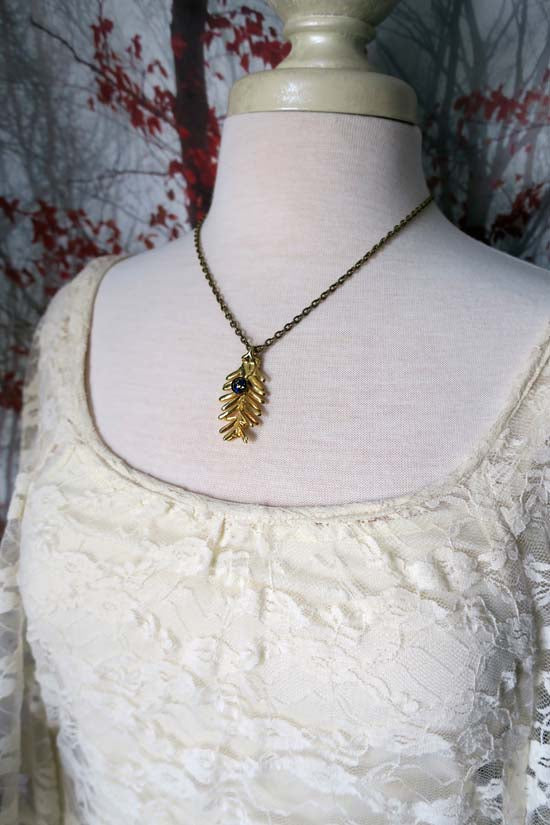 REAL PINE NEEDLES Necklace - 24K Gold - with German Glass Opal