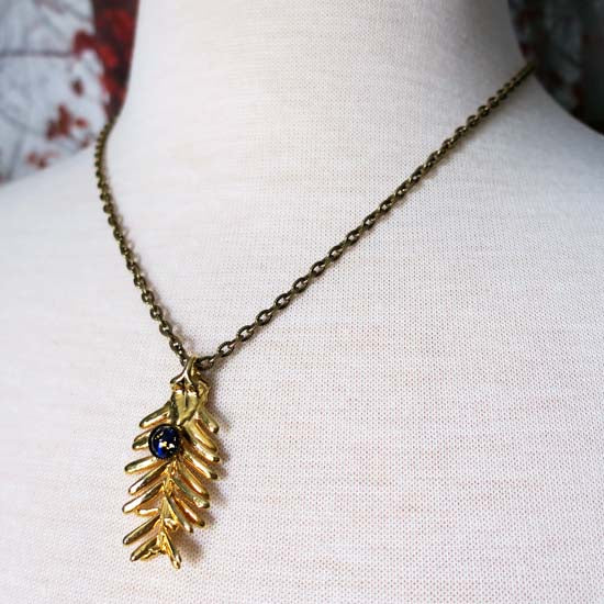 REAL PINE NEEDLES Necklace - 24K Gold - with German Glass Opal