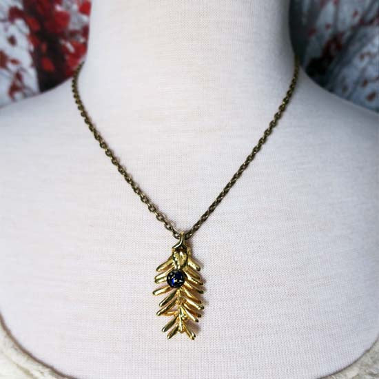 REAL PINE NEEDLES Necklace - 24K Gold - with German Glass Opal