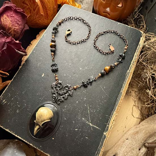 RAVEN SKULL Necklace - black & antique copper w/matte onyx and tiger eye