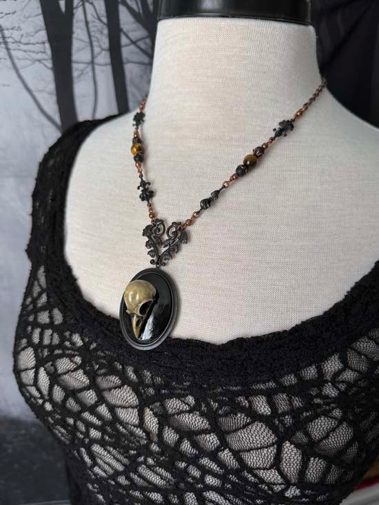 RAVEN SKULL Necklace - black & antique copper w/matte onyx and tiger eye