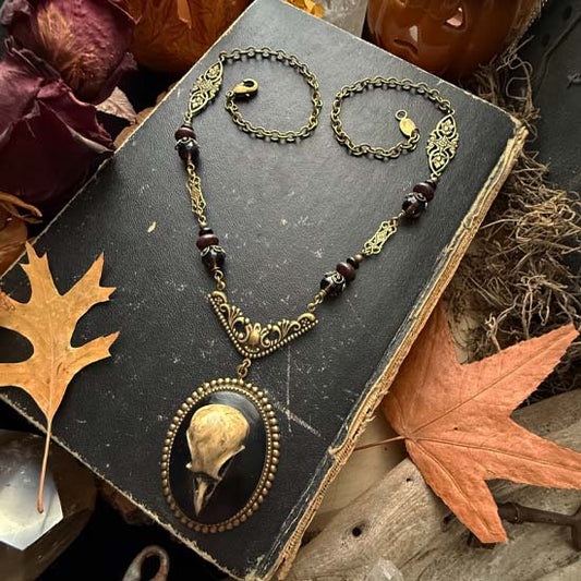 RAVEN SKULL Necklace - antique brass w/smoky quartz, mahogany obsidian, and onyx
