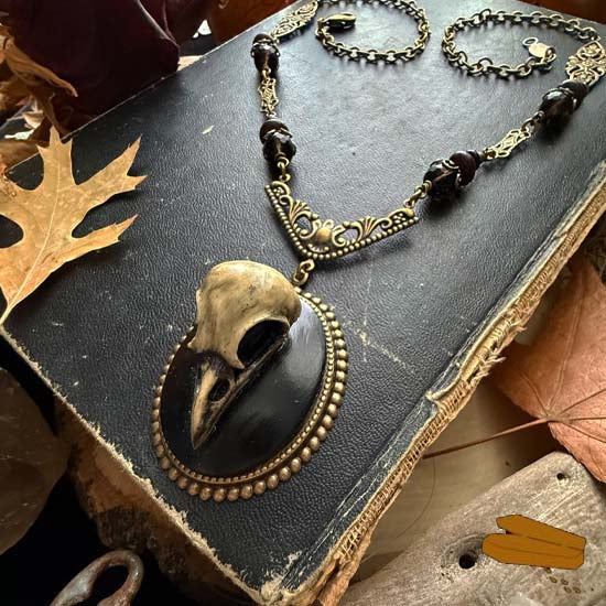 RAVEN SKULL Necklace - antique brass w/smoky quartz, mahogany obsidian, and onyx