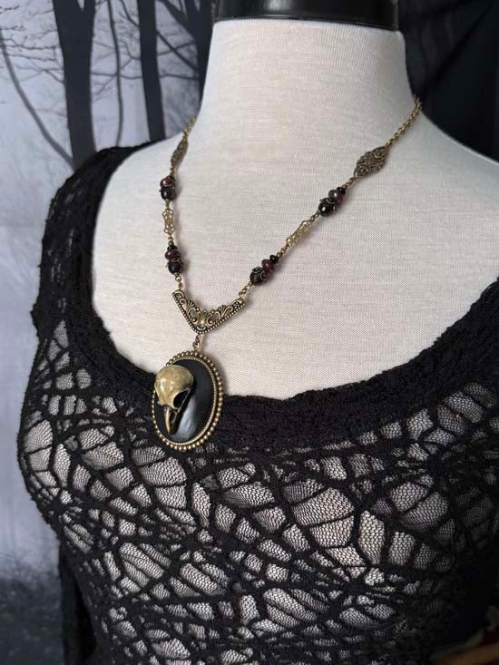 RAVEN SKULL Necklace - antique brass w/smoky quartz, mahogany obsidian, and onyx
