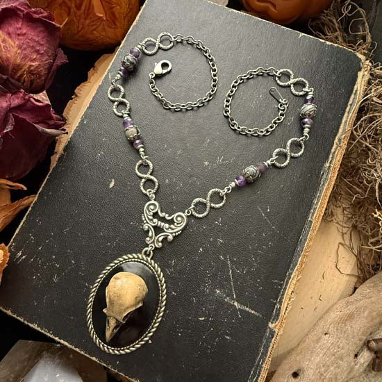 RAVEN SKULL Necklace - antique silver w/silk stone and amethyst