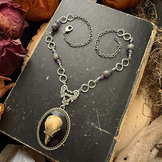 RAVEN SKULL Necklace - antique silver w/silk stone and amethyst
