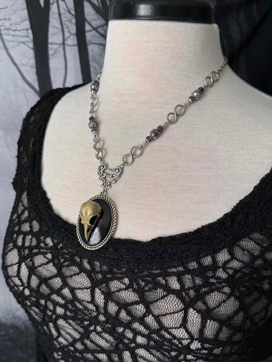 RAVEN SKULL Necklace - antique silver w/silk stone and amethyst