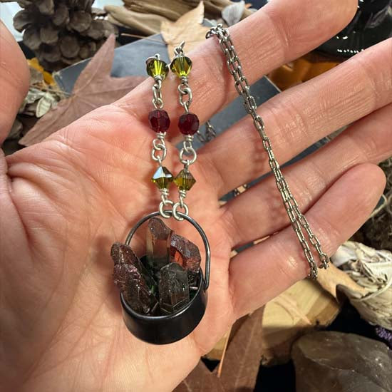 CRYSTAL CAULDRON Necklace - Red and Green Aura Quartz