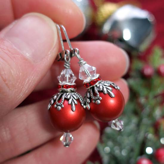 Ornament Earrings - red with silver