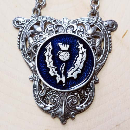 Scottish Thistle Shield Necklace with Blue