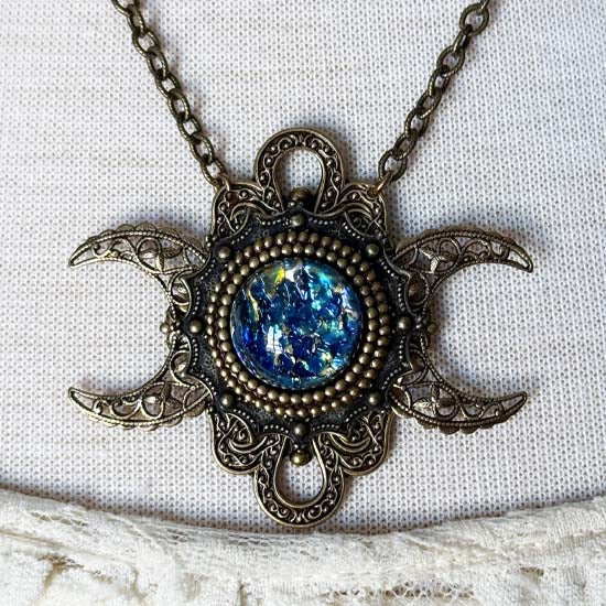 SEA NYMPH Triple Moon Necklace - Bermunda Blue Glass Opal