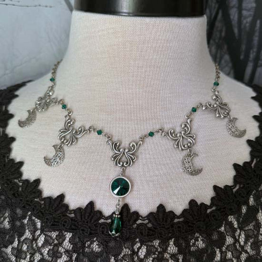 SELENE Necklace - silver with emerald green crystals