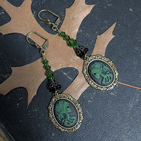 Green Skull Cameo Earrings - antique brass