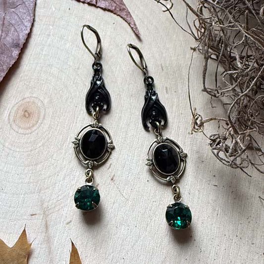 SLEEPING BAT Earrings - antique brass & black w/black faceted rhinestones