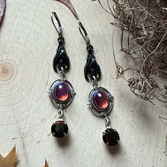 SLEEPING BAT Earrings - antique silver & black w/Dragon's Breath Glass