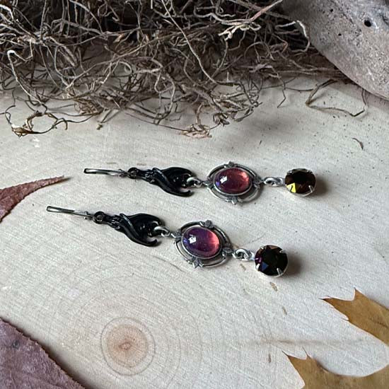 SLEEPING BAT Earrings - antique silver & black w/Dragon's Breath Glass
