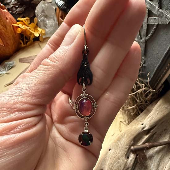 SLEEPING BAT Earrings - antique silver & black w/Dragon's Breath Glass