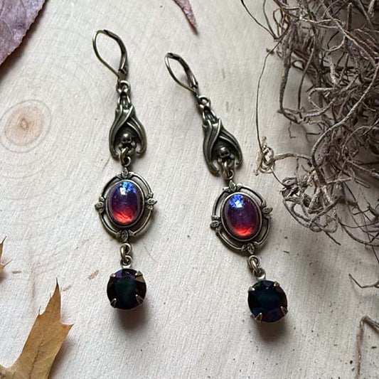 SLEEPING BAT Earrings - antique brass w/Dragon's Breath glass