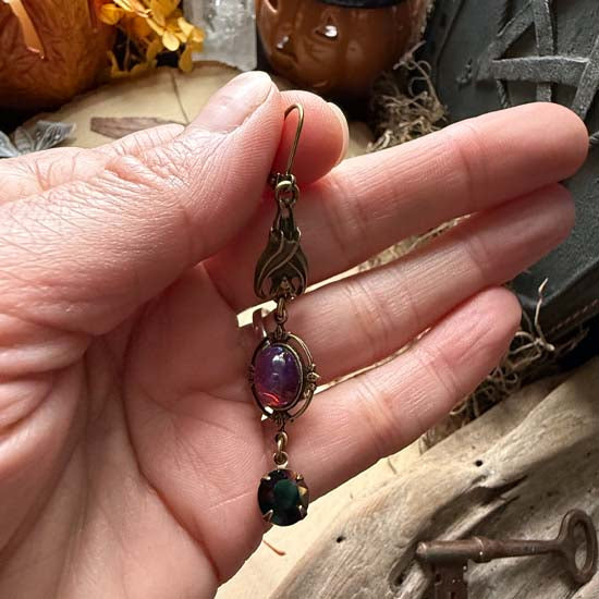 SLEEPING BAT Earrings - antique brass w/Dragon's Breath glass