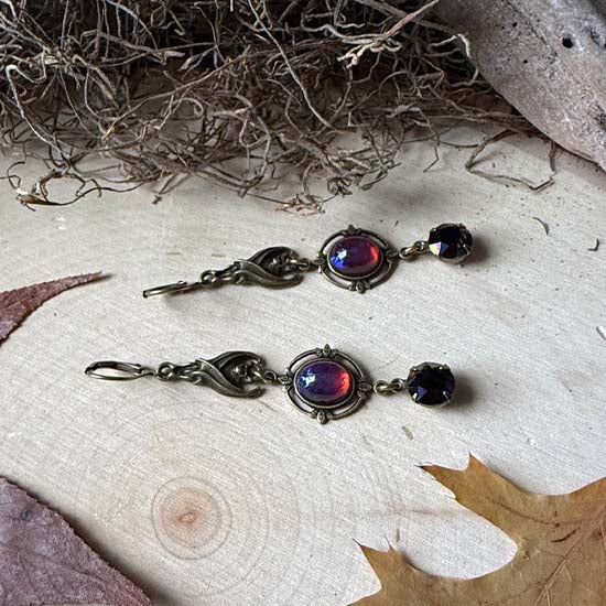 SLEEPING BAT Earrings - antique brass w/Dragon's Breath glass
