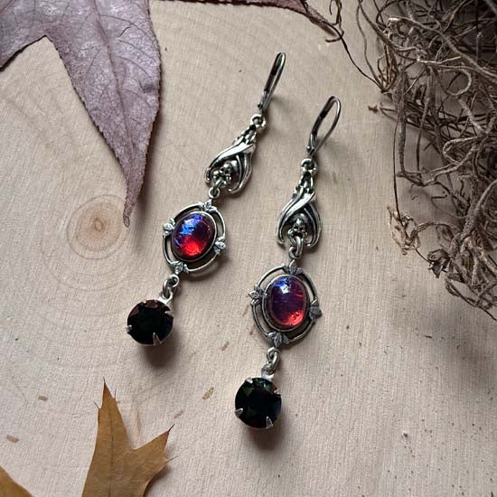 SLEEPING BAT Earrings - antique silver w/Dragon's Breath Glass