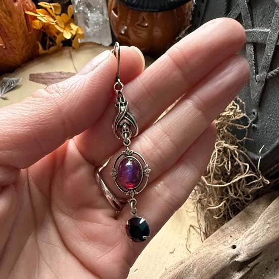 SLEEPING BAT Earrings - antique silver w/Dragon's Breath Glass