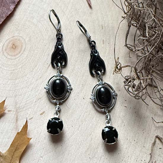 SLEEPING BAT Earrings - antique silver & black w/Onyx gemstones