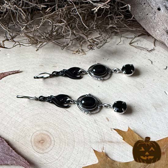 SLEEPING BAT Earrings - antique silver & black w/Onyx gemstones