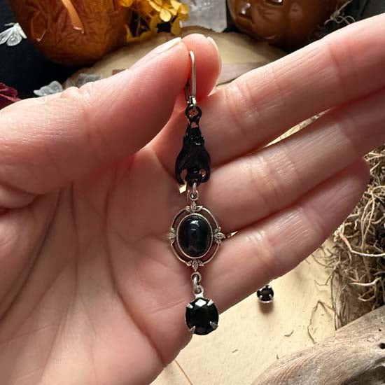 SLEEPING BAT Earrings - antique silver & black w/Onyx gemstones