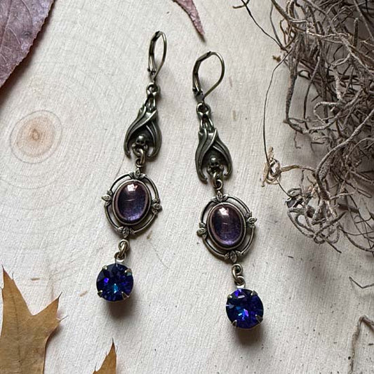 SLEEPING BAT Earrings - antique brass w/purple luster vintage glass