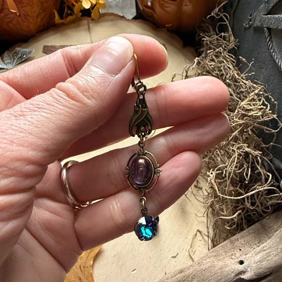 SLEEPING BAT Earrings - antique brass w/purple luster vintage glass