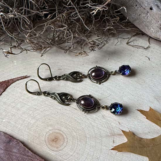 SLEEPING BAT Earrings - antique brass w/purple luster vintage glass