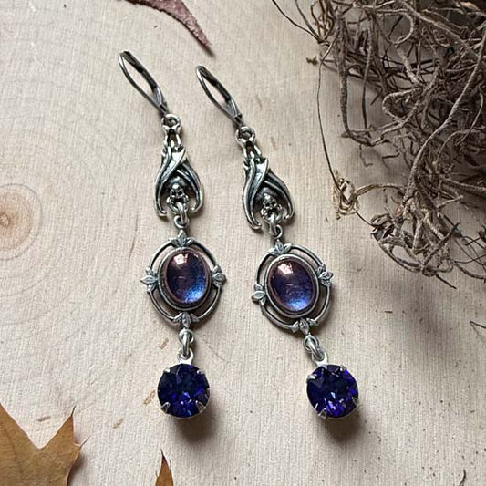 SLEEPING BAT Earrings - antique silver w/purple luster vintage glass