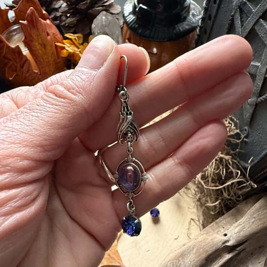 SLEEPING BAT Earrings - antique silver w/purple luster vintage glass