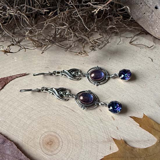 SLEEPING BAT Earrings - antique silver w/purple luster vintage glass