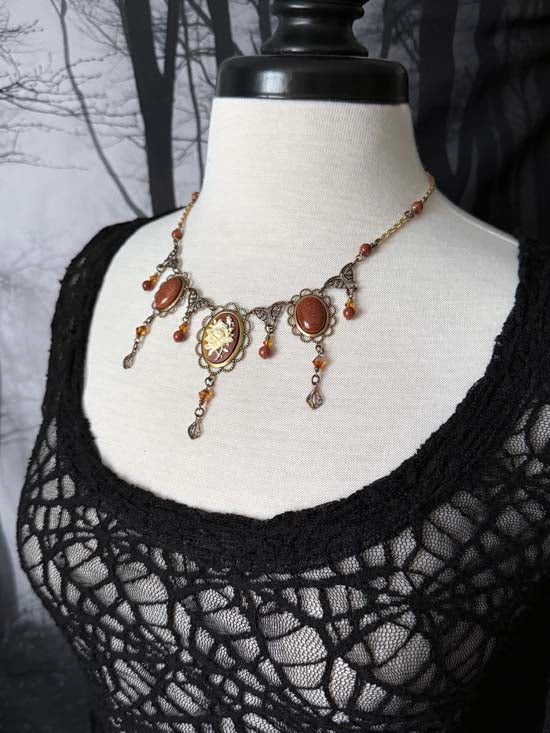 THEODORA II Necklace - brass with rose cameo and goldstone accents