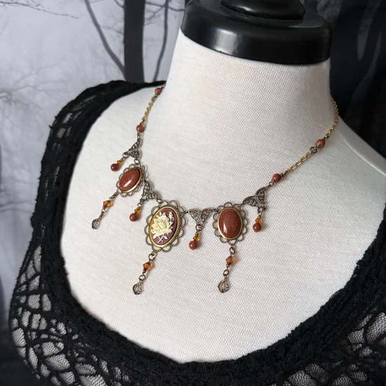 THEODORA II Necklace - brass with rose cameo and goldstone accents