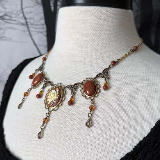THEODORA II Necklace - brass with rose cameo and goldstone accents