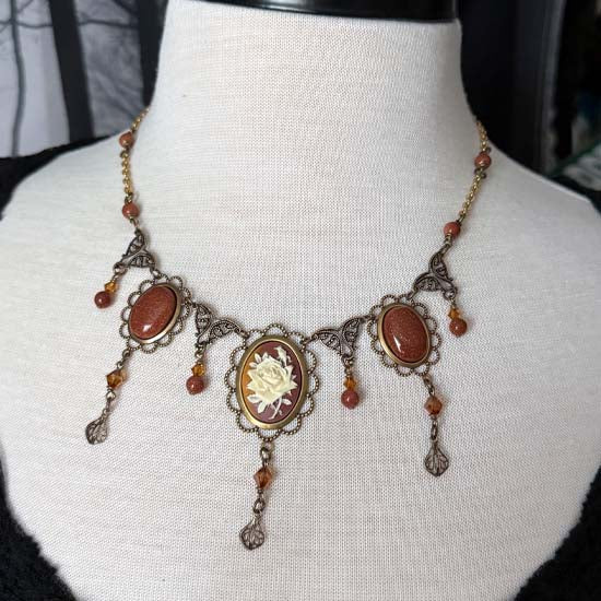 THEODORA II Necklace - brass with rose cameo and goldstone accents